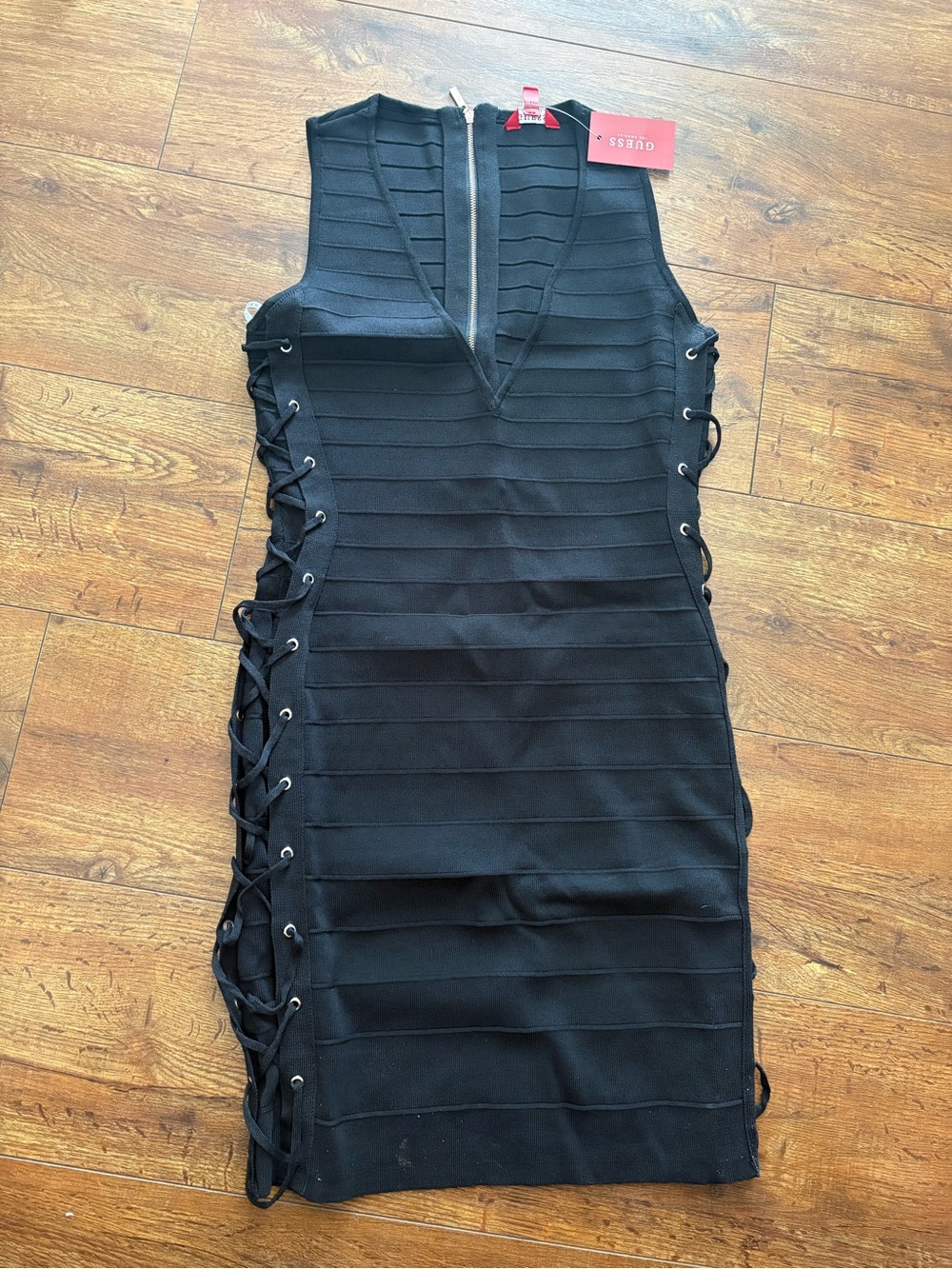 Guess Black Lace-Up V-Neck Mini Dress